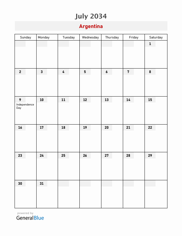 Argentina July 2034 Calendar with Holidays