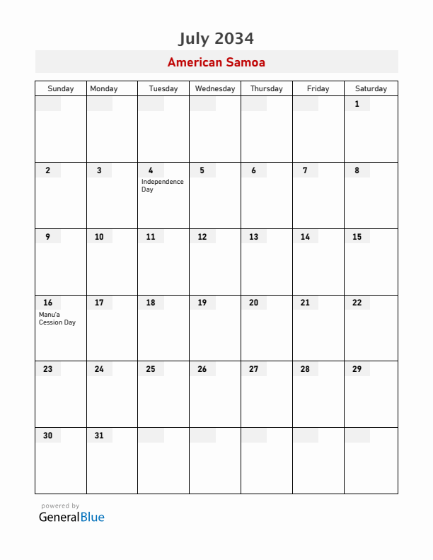 American Samoa July 2034 Calendar with Holidays