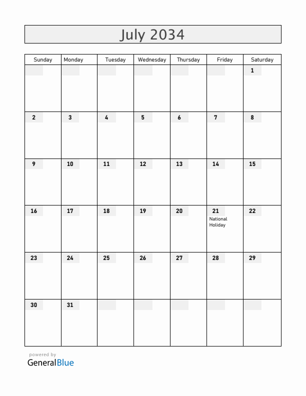 Belgium July 2034 Calendar with Holidays