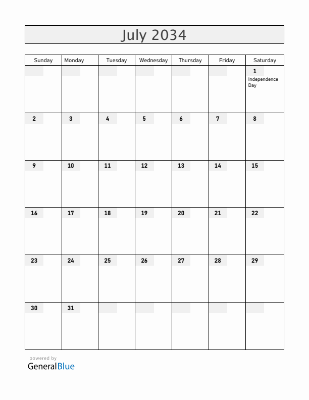 Burundi July 2034 Calendar with Holidays