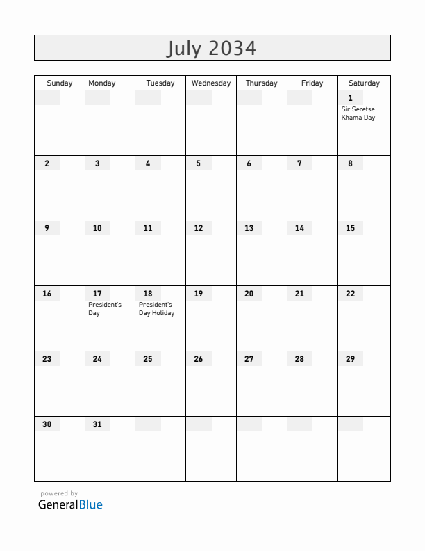 Botswana July 2034 Calendar with Holidays