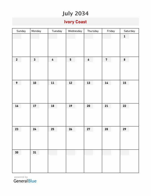 Ivory Coast July 2034 Calendar with Holidays