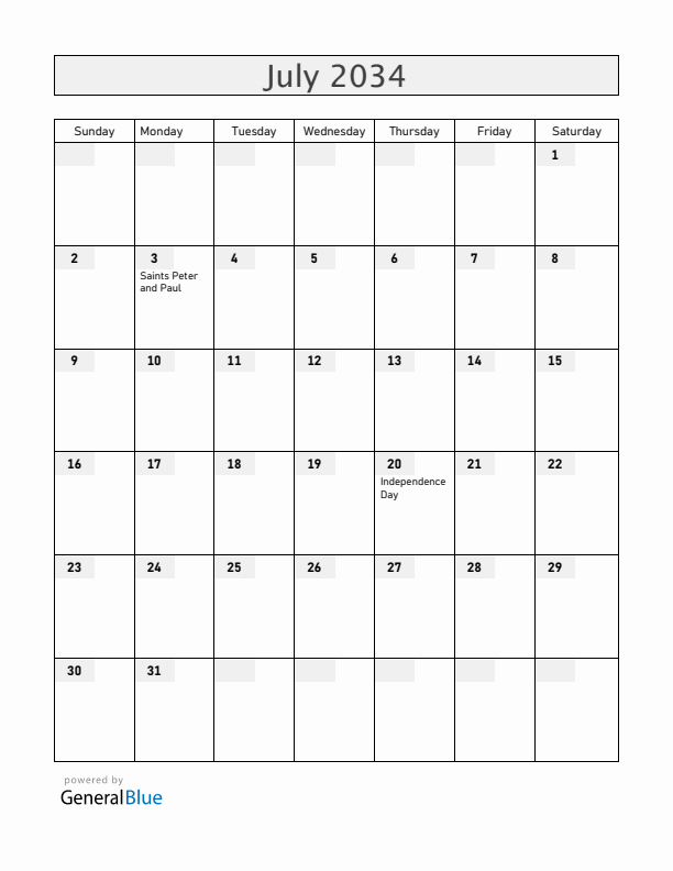 Colombia July 2034 Calendar with Holidays