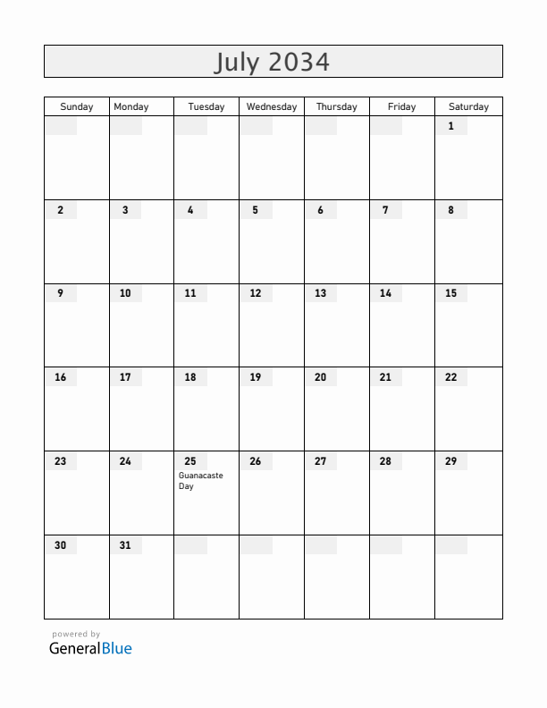 Costa Rica July 2034 Calendar with Holidays