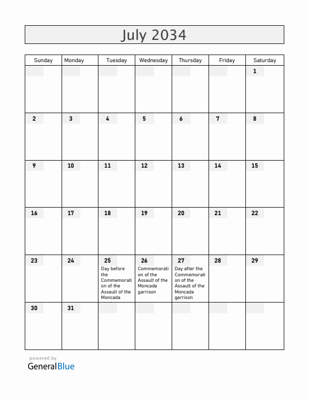 Cuba July 2034 Calendar with Holidays