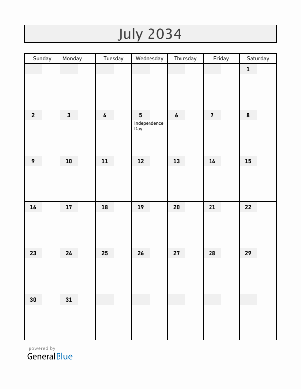Cabo Verde July 2034 Calendar with Holidays