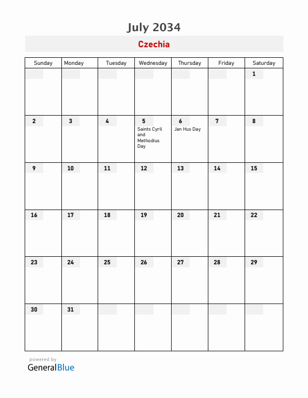 Czechia July 2034 Calendar with Holidays