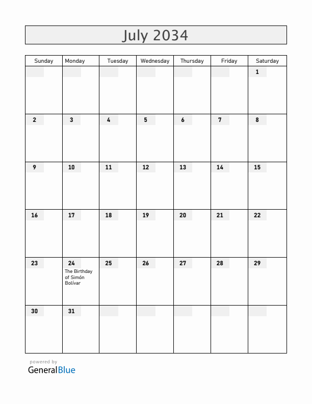Ecuador July 2034 Calendar with Holidays
