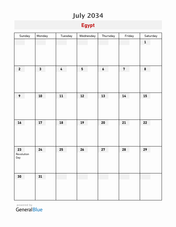 Egypt July 2034 Calendar with Holidays