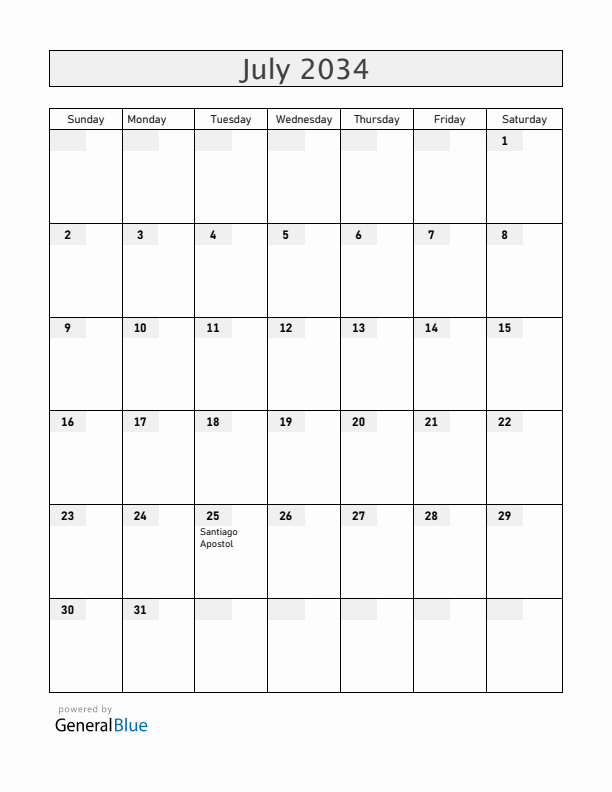 Spain July 2034 Calendar with Holidays
