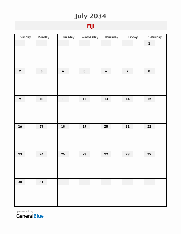 Fiji July 2034 Calendar with Holidays