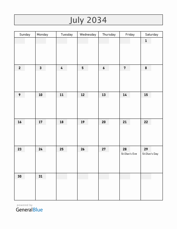 Faroe Islands July 2034 Calendar with Holidays