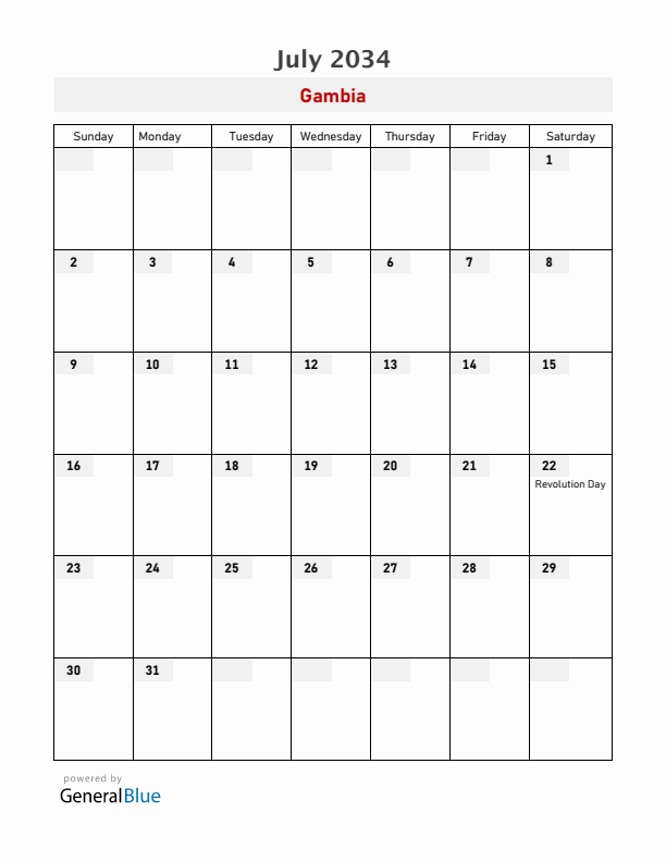 Gambia July 2034 Calendar with Holidays