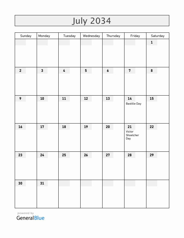 Guadeloupe July 2034 Calendar with Holidays