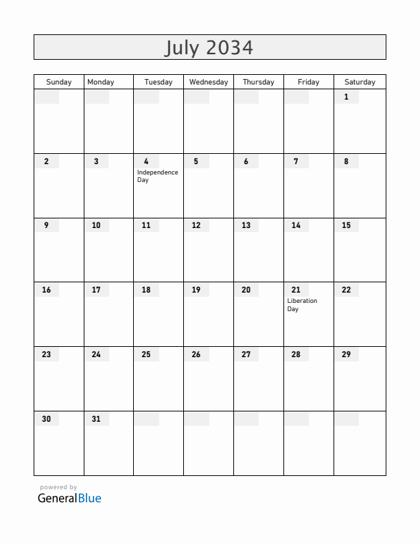 Guam July 2034 Calendar with Holidays