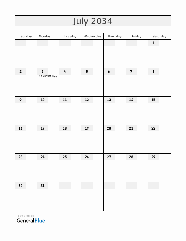 Guyana July 2034 Calendar with Holidays