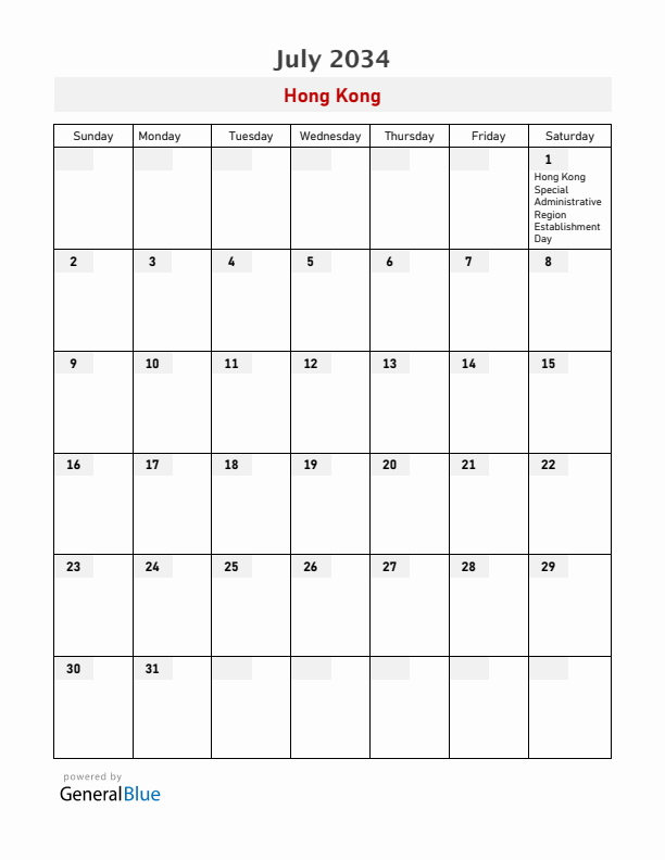 Hong Kong July 2034 Calendar with Holidays