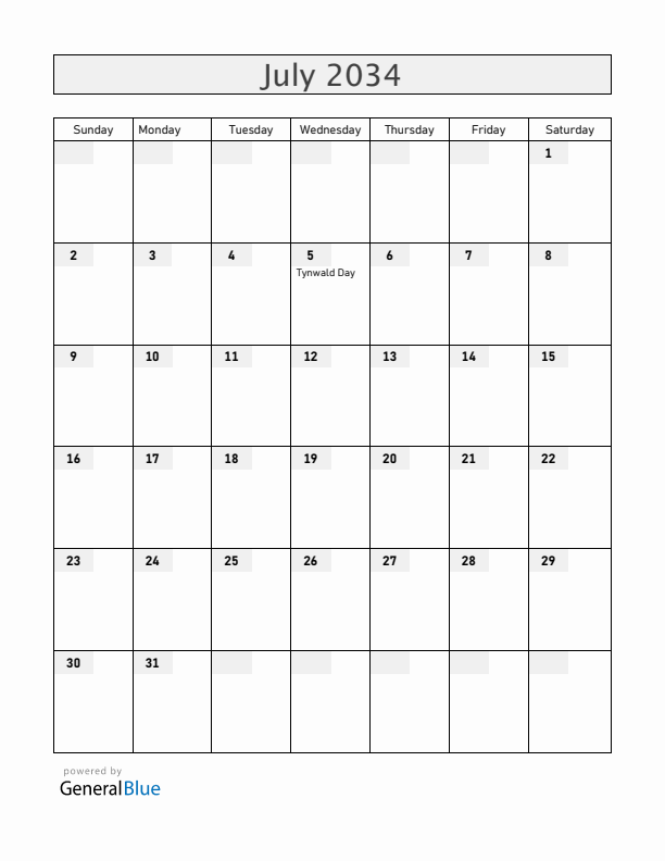 Isle of Man July 2034 Calendar with Holidays