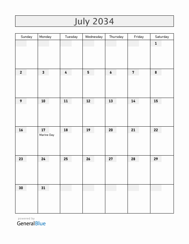 Japan July 2034 Calendar with Holidays