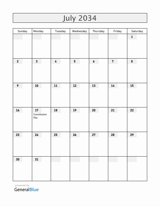 South Korea July 2034 Calendar with Holidays