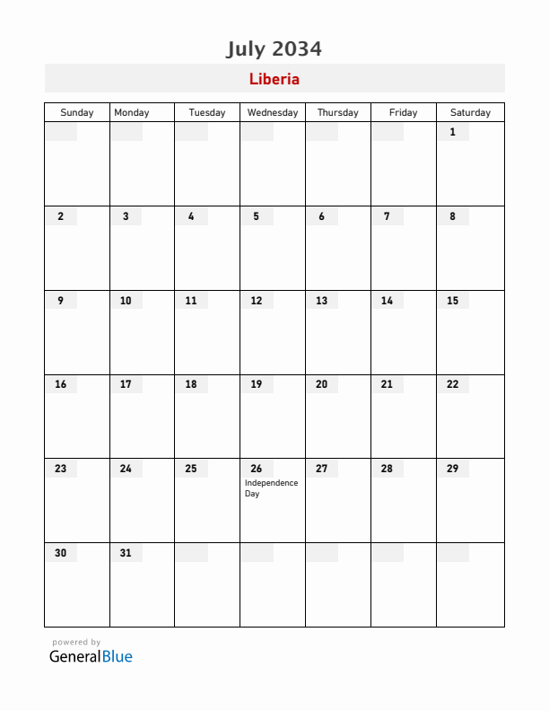 Liberia July 2034 Calendar with Holidays