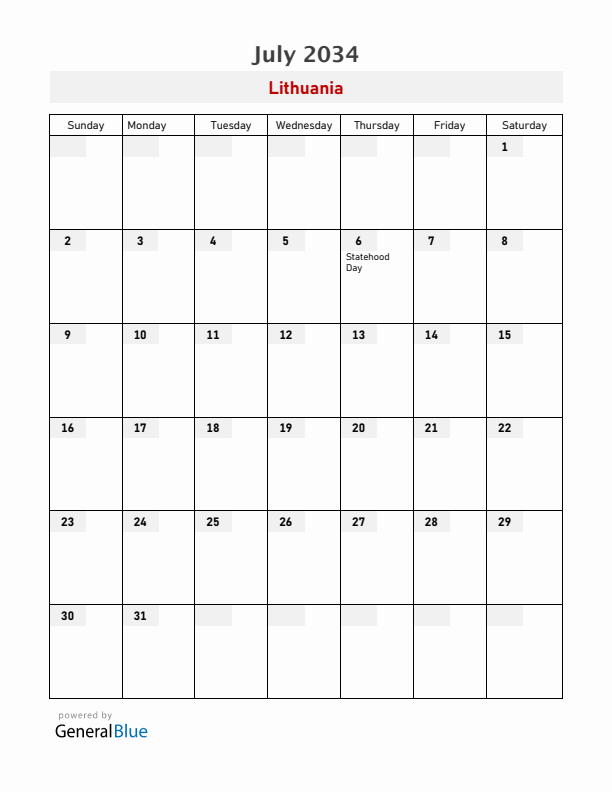 Lithuania July 2034 Calendar with Holidays