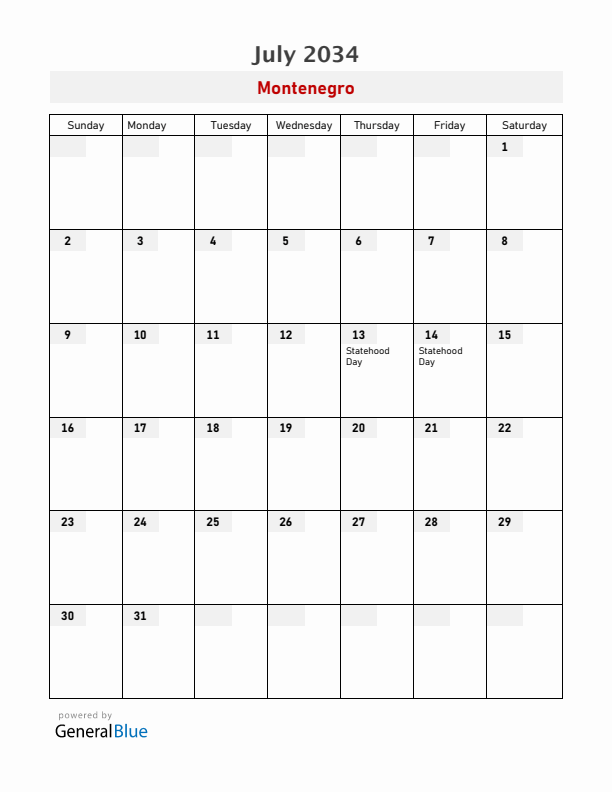 Montenegro July 2034 Calendar with Holidays