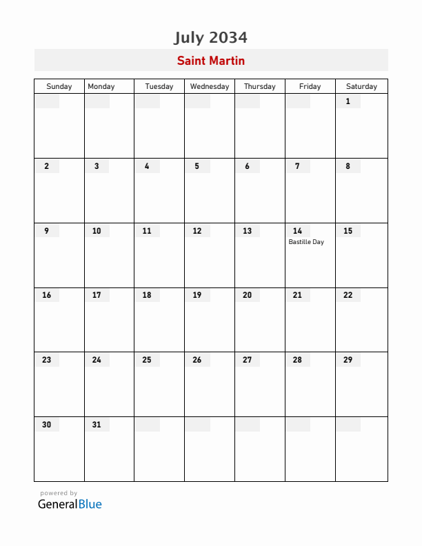 Saint Martin July 2034 Calendar with Holidays