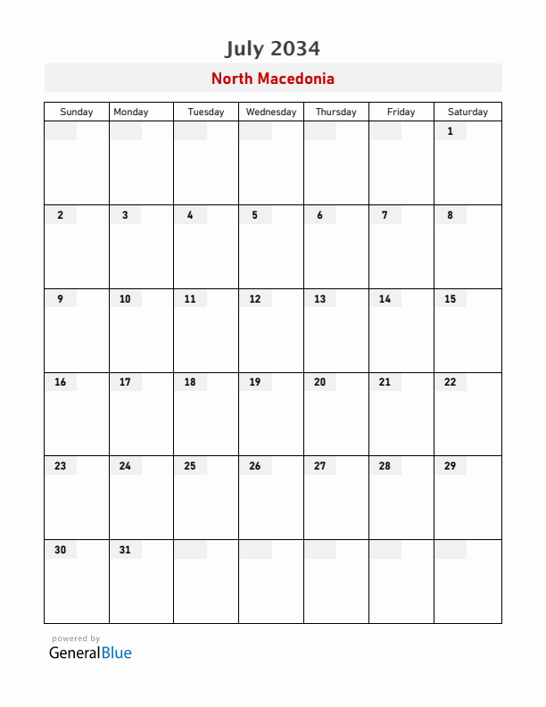 North Macedonia July 2034 Calendar with Holidays