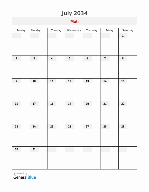 Mali July 2034 Calendar with Holidays