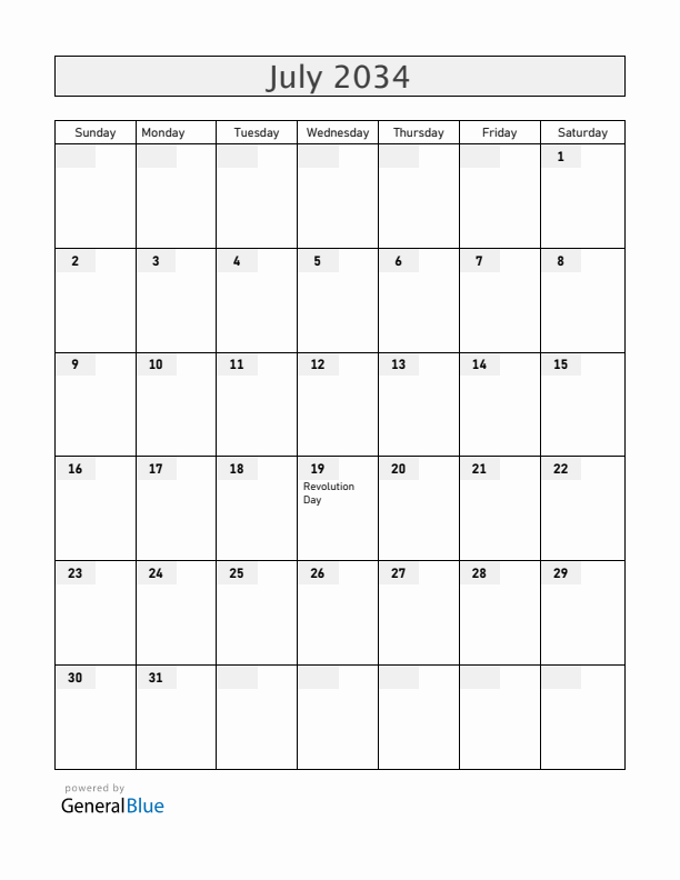 Nicaragua July 2034 Calendar with Holidays