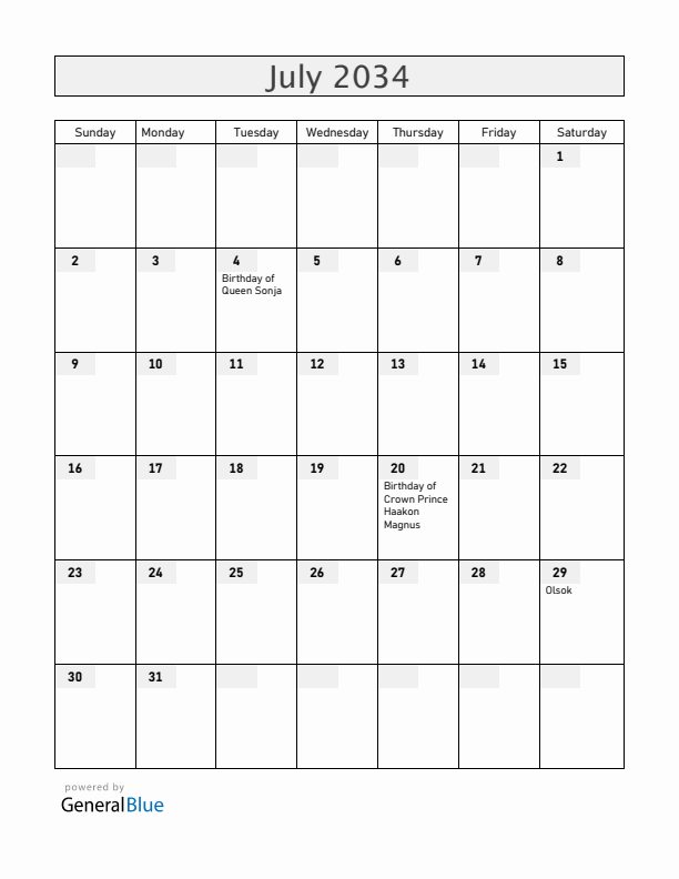 Norway July 2034 Calendar with Holidays