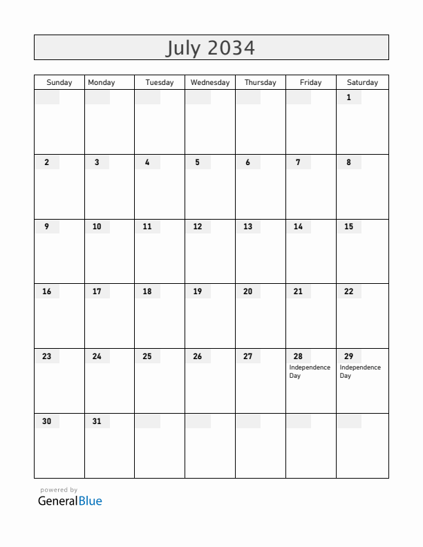 Peru July 2034 Calendar with Holidays