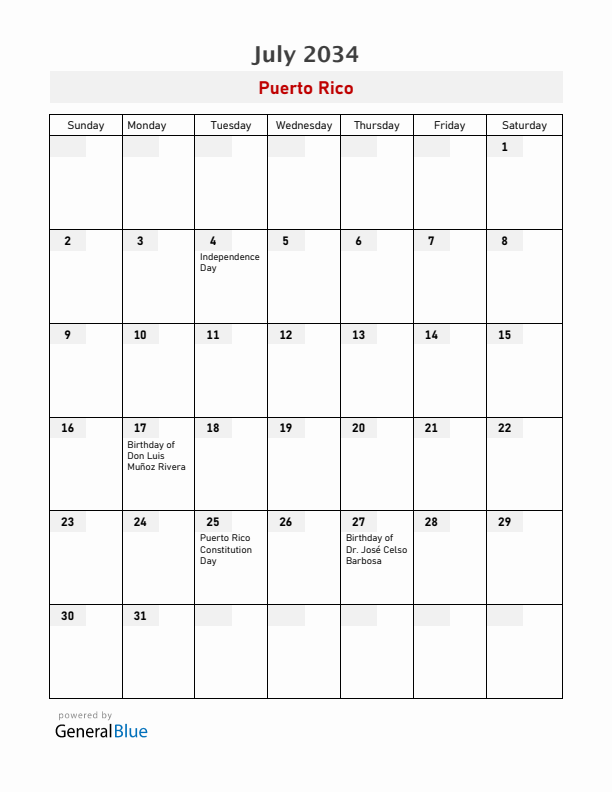 Puerto Rico July 2034 Calendar with Holidays