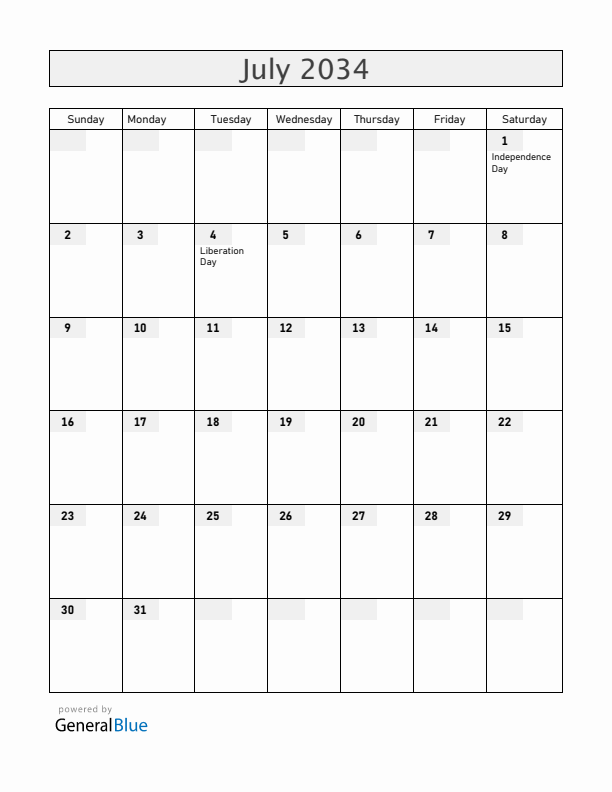Rwanda July 2034 Calendar with Holidays