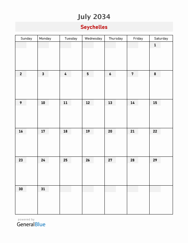 Seychelles July 2034 Calendar with Holidays