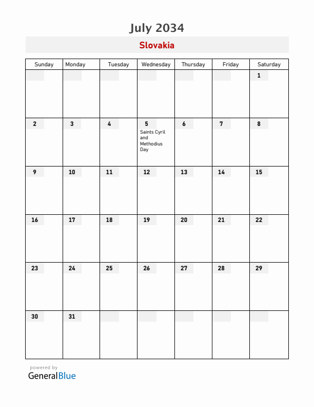 Slovakia July 2034 Calendar with Holidays