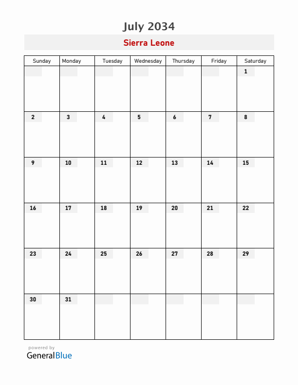 Sierra Leone July 2034 Calendar with Holidays