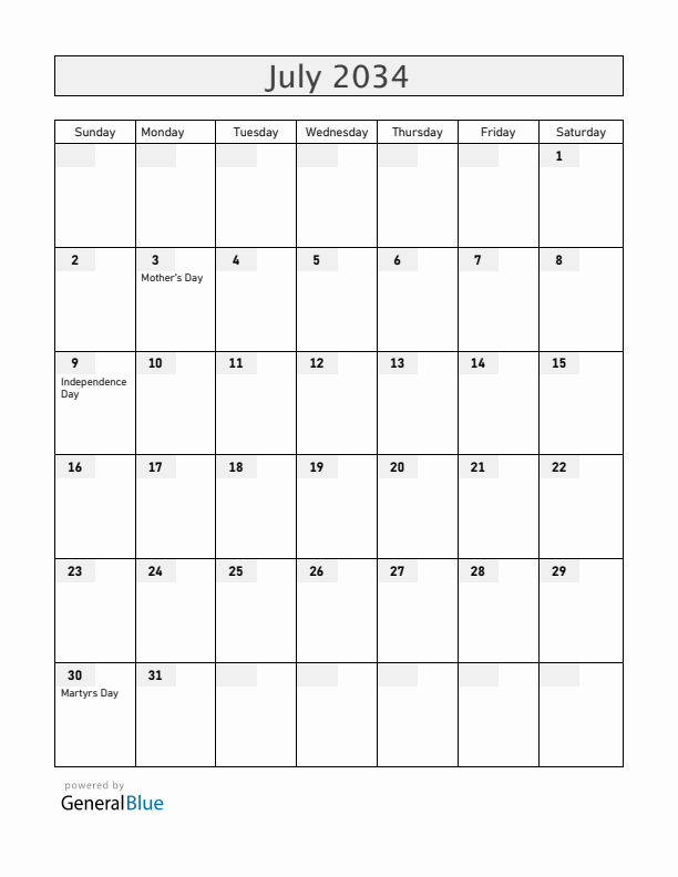 South Sudan July 2034 Calendar with Holidays