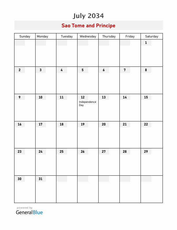 Sao Tome and Principe July 2034 Calendar with Holidays