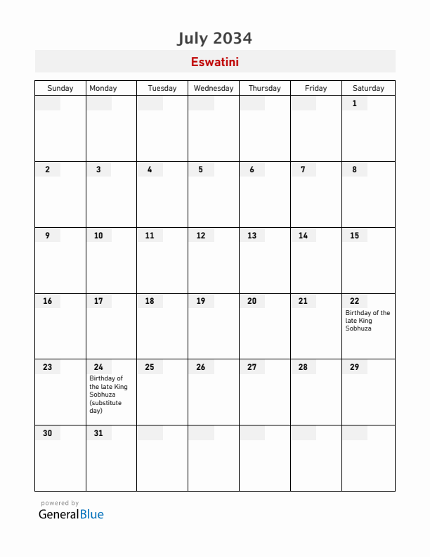 Eswatini July 2034 Calendar with Holidays