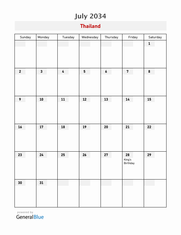 Thailand July 2034 Calendar with Holidays