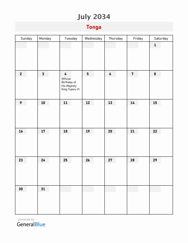Tonga July 2034 Calendar with Holidays