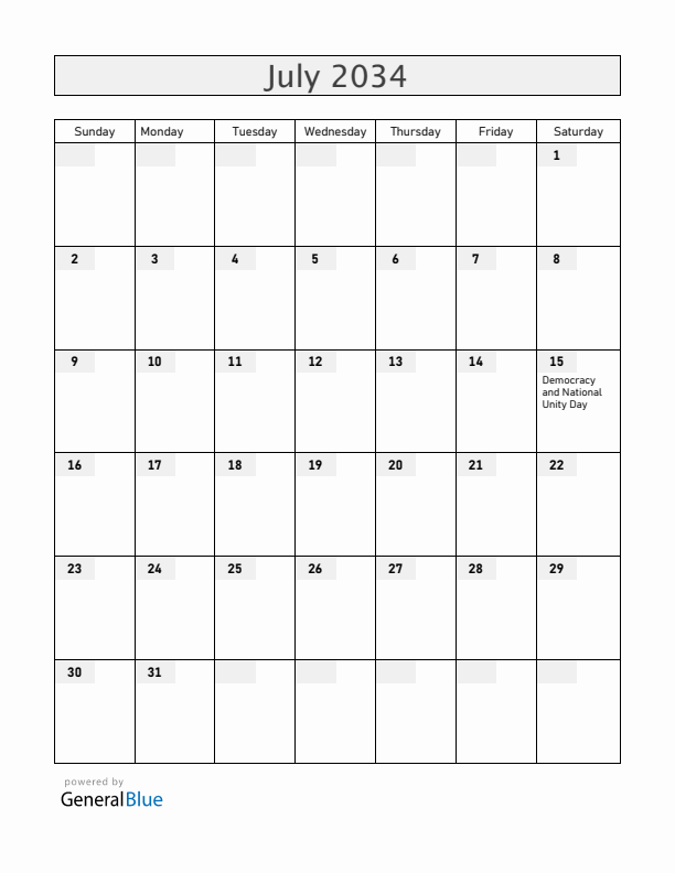 Turkey July 2034 Calendar with Holidays