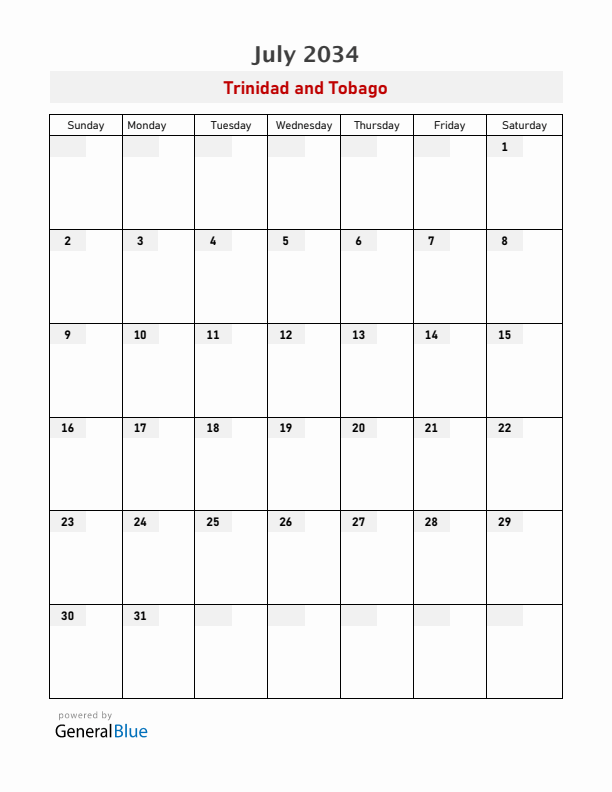 Trinidad and Tobago July 2034 Calendar with Holidays