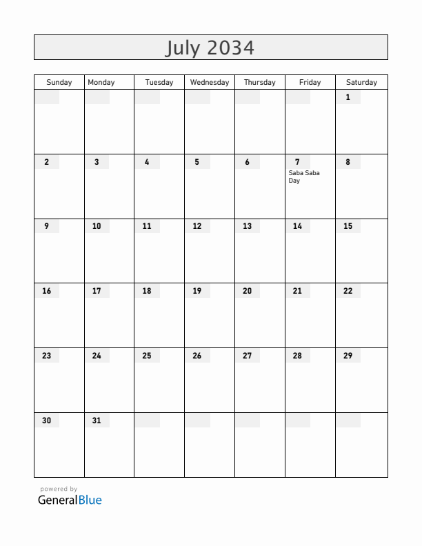 Tanzania July 2034 Calendar with Holidays