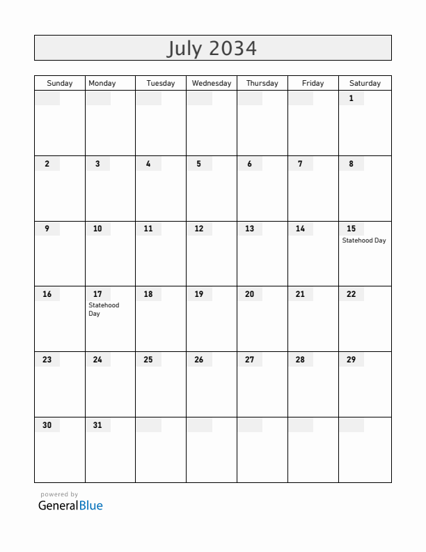 Ukraine July 2034 Calendar with Holidays