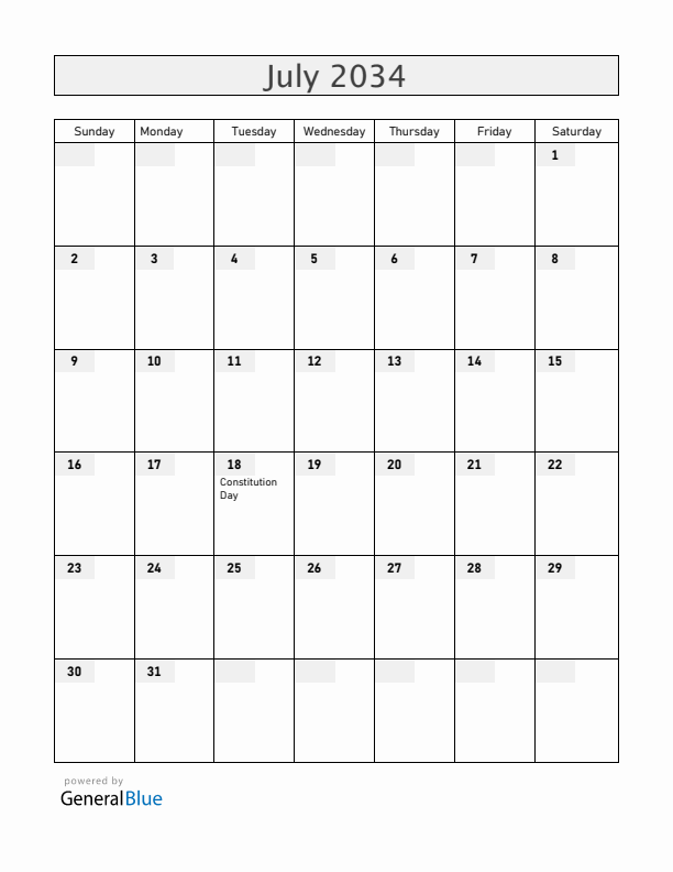 Uruguay July 2034 Calendar with Holidays