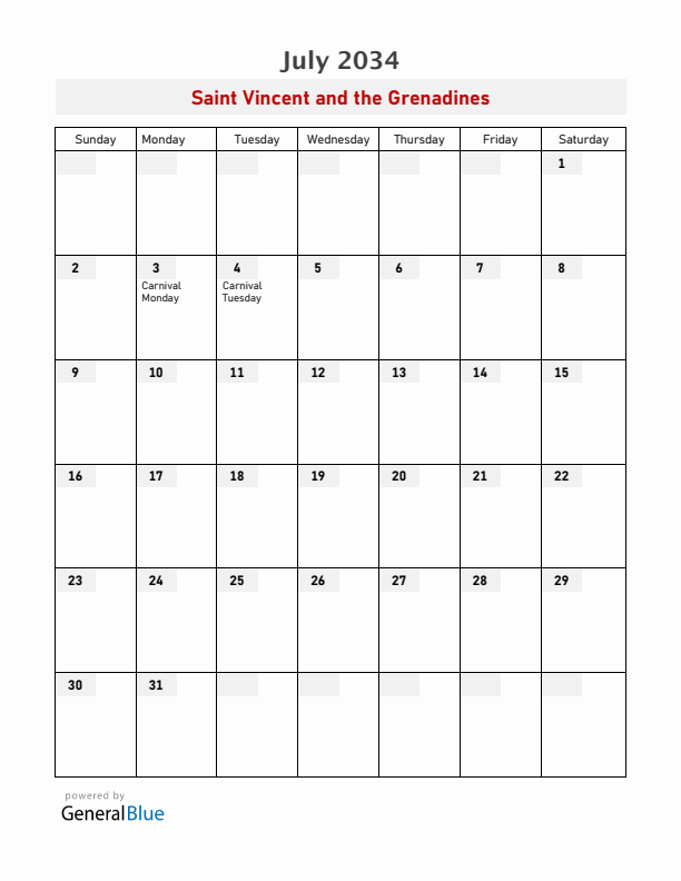 Saint Vincent and the Grenadines July 2034 Calendar with Holidays