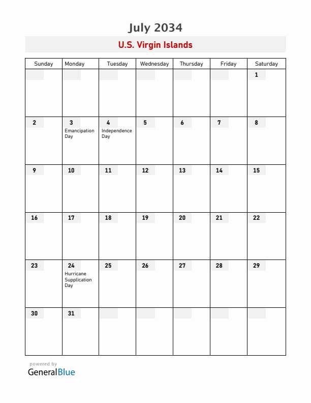 U.S. Virgin Islands July 2034 Calendar with Holidays